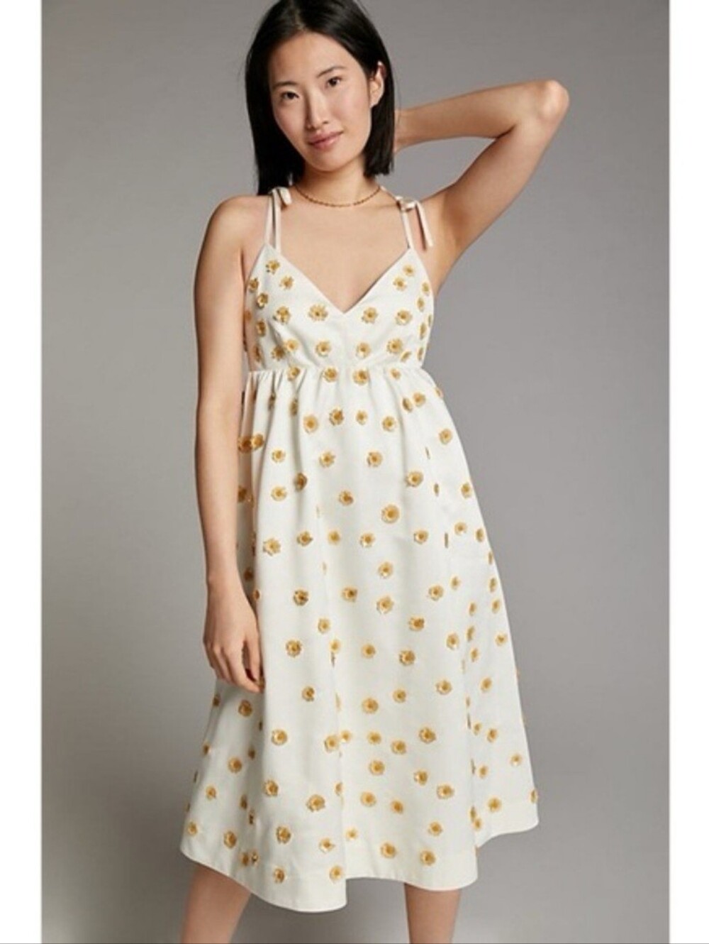 NWT ANTHROPOLOGIE DHRUV KAPOOR WHITE TIE SHOULDER MIDI DRESS WITH YELLOW DAISY